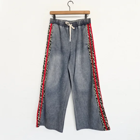 Jodifl Wide Leg Red Leopard Striped Track Elastic Waist Jeans, M - Picture 2 of 10